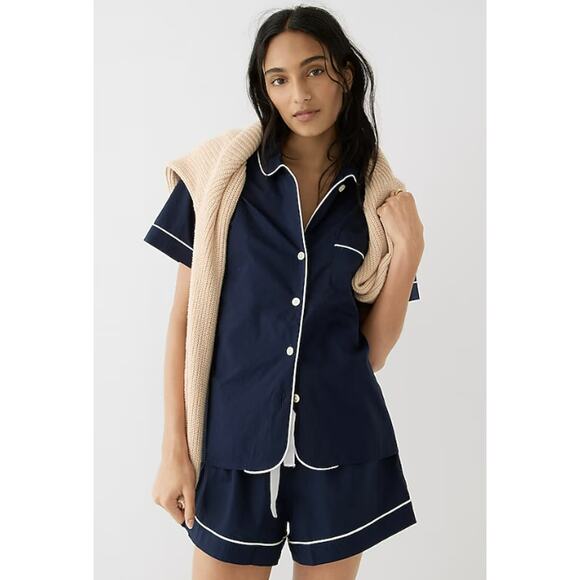 J.Crew End-on-End Cotton Pajama Short Set WMN XXS Navy White Piping AY701 Button